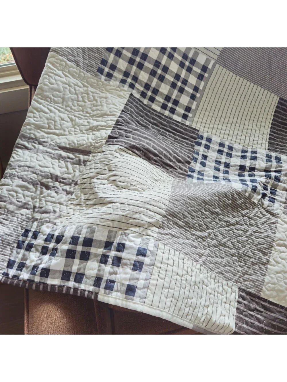 All American Full Size Quilted Comforter W/2 Shams Navy Geometrics Reversible...
